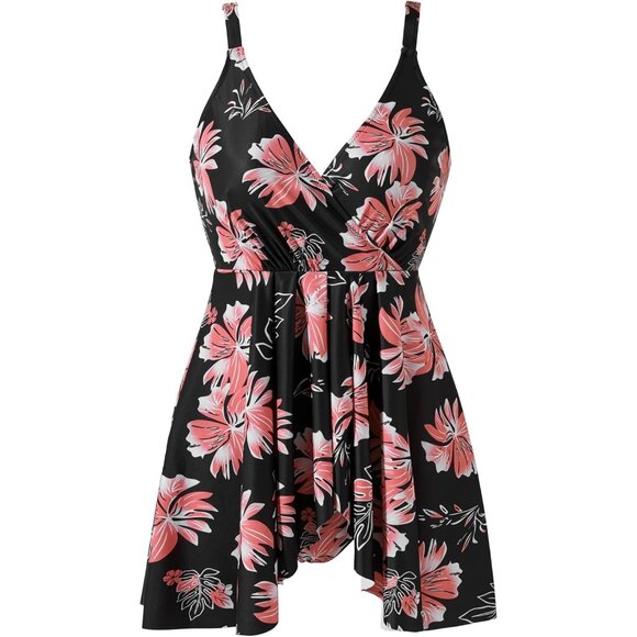 Women's One Piece Swim Dress Swimsuit Tummy Control Skirted Bathing Suit Floral - Picture 3 of 7